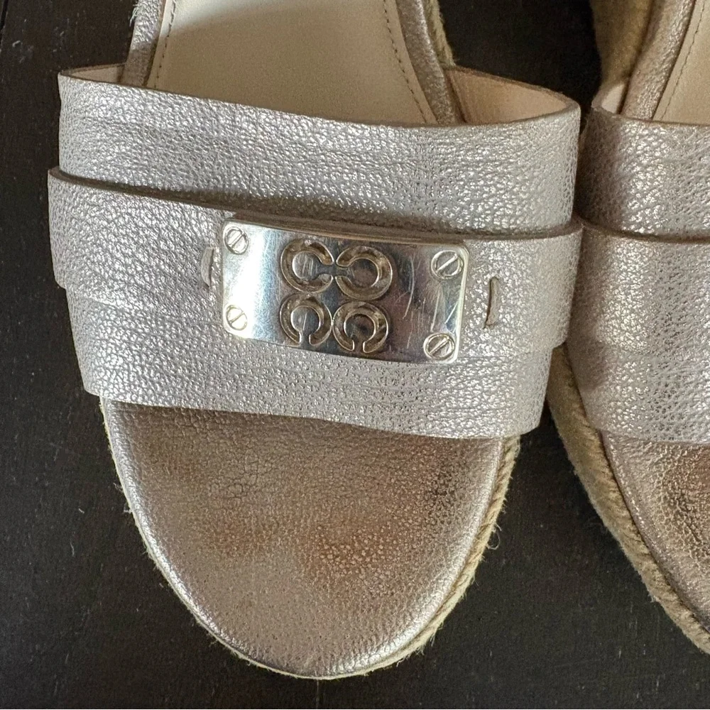 Coach Christie Gold Espadrille Wedge‎ Platform Sandals Leather Metallic Size 8.5